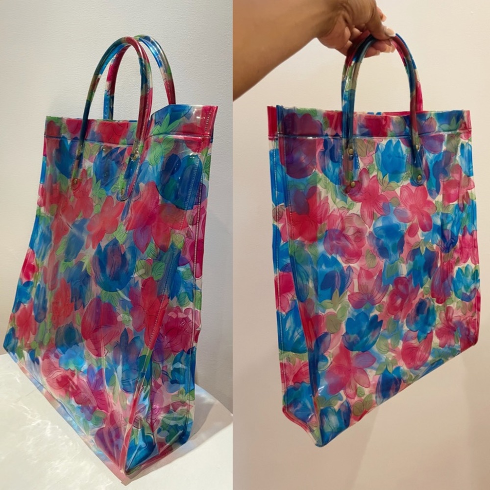 Vintage 60s Plastic Blue and Pink Floral Mod Tote Bag/Shopper/Beach Bag